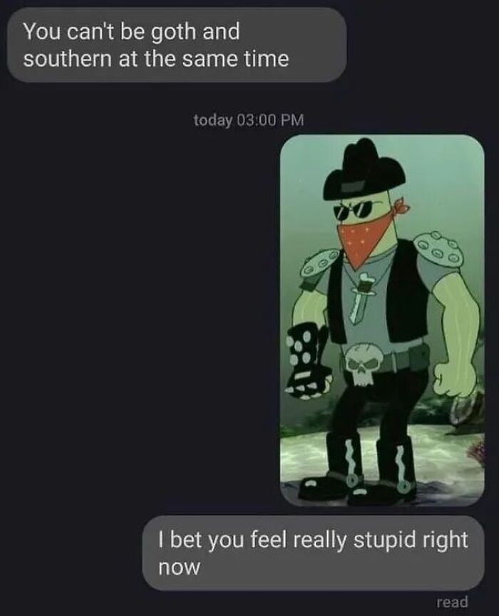 Text meme about being goth and southern with a cartoon character image