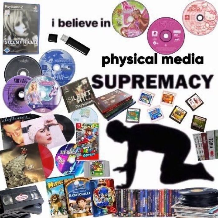 Collage of physical media including CDs, DVDs, and game cartridges representing media supremacy