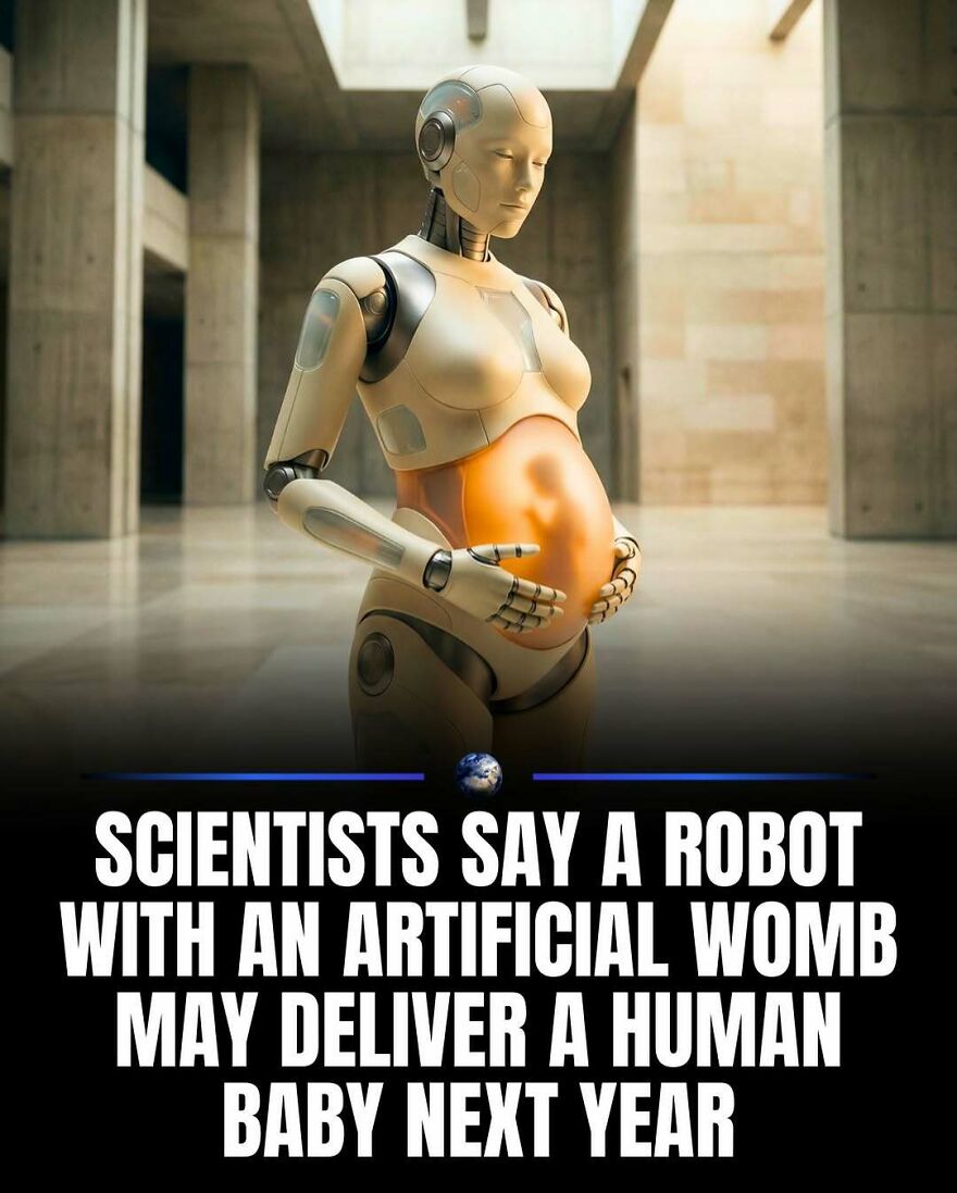 A robot with an artificial womb may deliver a human baby next year, highlighting new aspects of humanity's future on our planet.