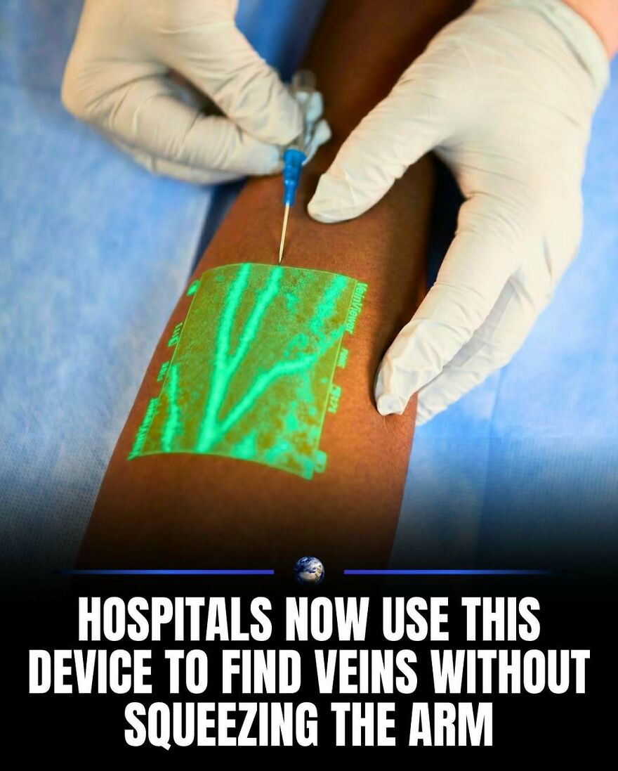 A nurse uses a device to highlight veins on a patient's arm, showcasing advancements in humanity and our planet's healthcare.