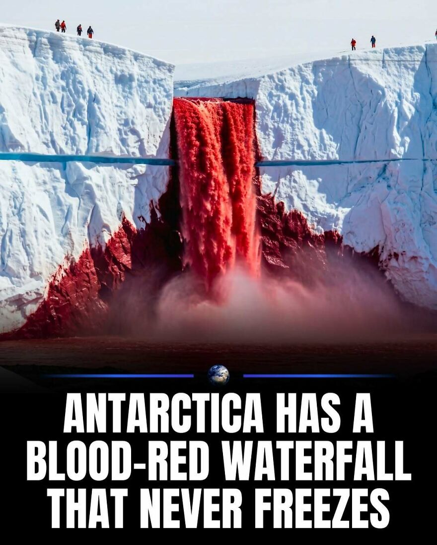 Image shows a blood-red waterfall against a white icy landscape. This post is about humanity and our planet.