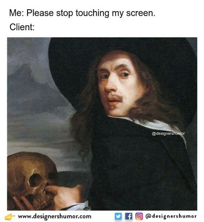 A classic painting depicting design humor about a client touching a designer's screen, causing frustration.