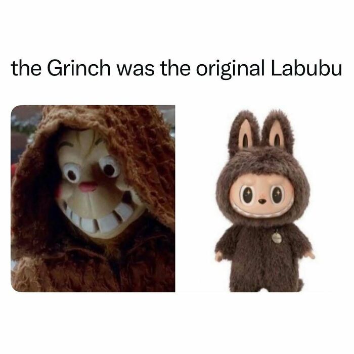 The Grinch costume compared to a Labubu character toy from childhood nostalgia
