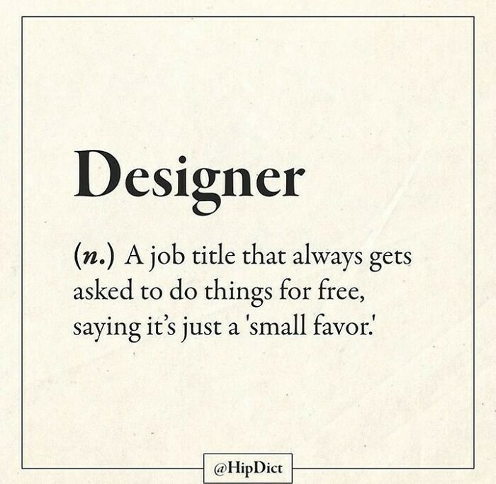 A dictionary-style definition for 'Designer' as design humor, highlighting requests for free work.