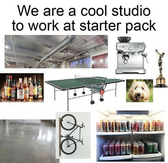A collage showing design studio humor, featuring items like a ping-pong table, alcohol, a dog, and a coffee machine.