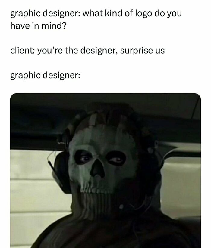 A meme expressing design humor, with a graphic designer looking confused after a client asks to be surprised with a logo.