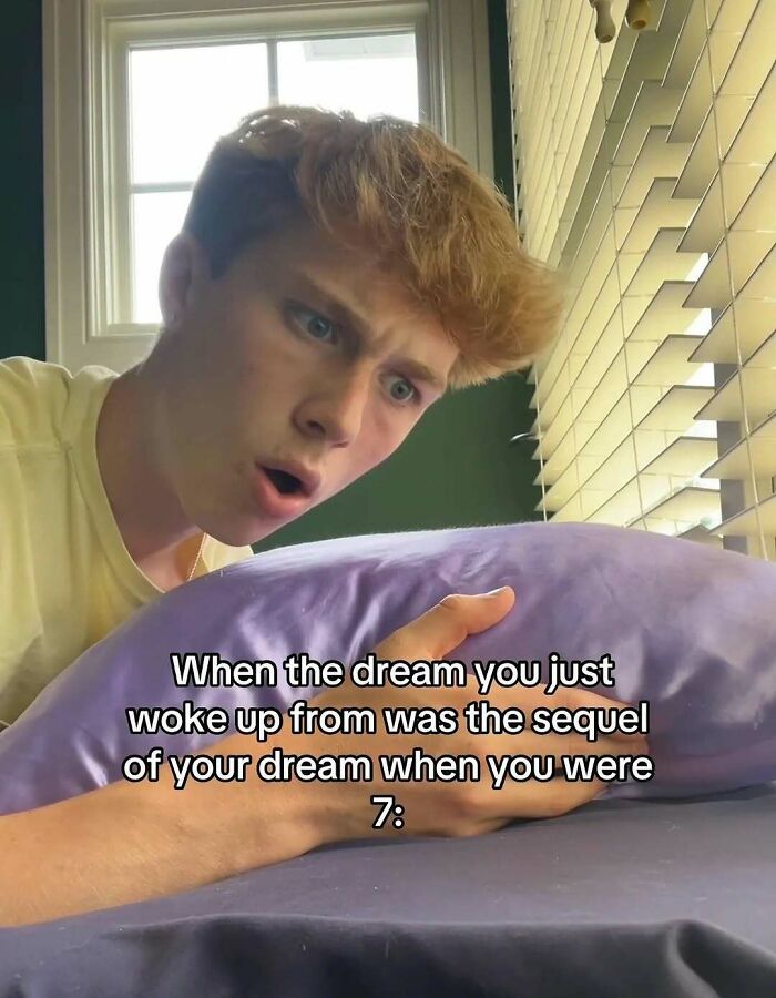 Surprised young man realizing his recent dream was a sequel of a childhood dream