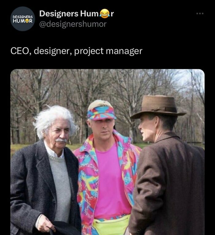 A meme illustrating design humor, showing three men representing a CEO, designer, and project manager, discussing a project.