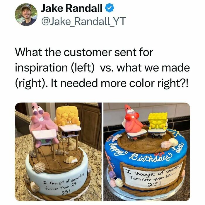 Comparison of customer cake request and final colorful cartoon cake made
