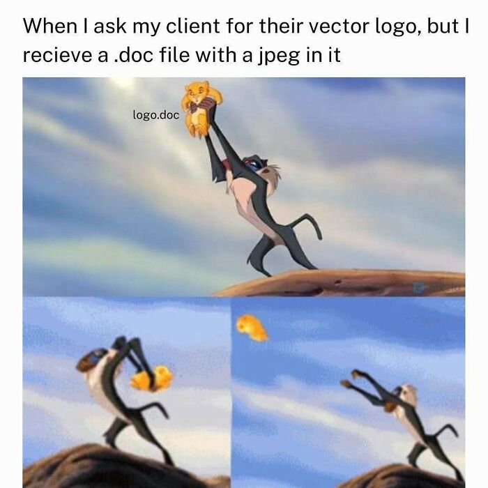 Design humor meme of Rafiki dropping Simba, representing a designer receiving a .doc file instead of a vector logo.
