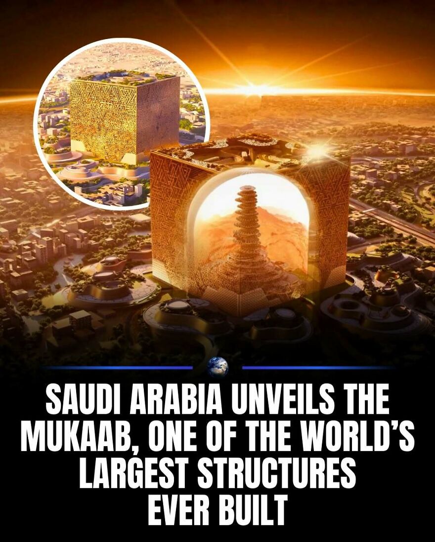 An aerial view of the Mukaab in Saudi Arabia, a structure demonstrating new humanity and planet engineering.