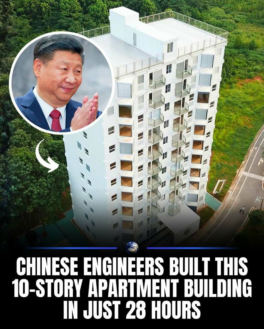 Chinese engineers built a 10-story apartment building in just 28 hours, showcasing humanity's rapid construction on our planet.