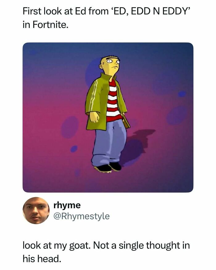 Cartoon Ed from Ed Edd n Eddy in Fortnite, nostalgic 1990s character in video game style