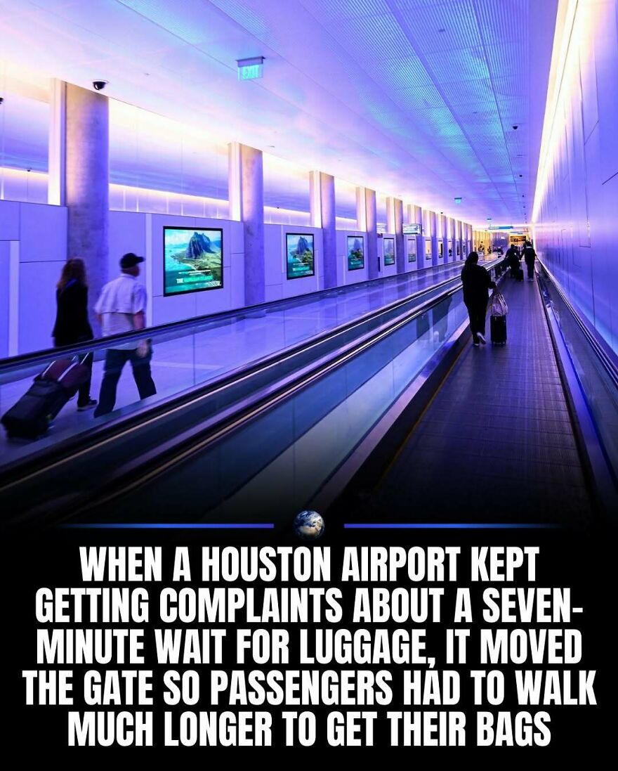 Houston Airport changed its gate for luggage, causing passengers to walk longer, showing aspects of humanity's travel on our planet.