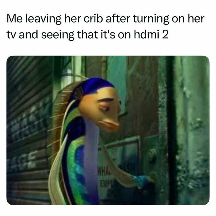 90s nostalgic meme of character leaving after seeing TV on HDMI 2 input