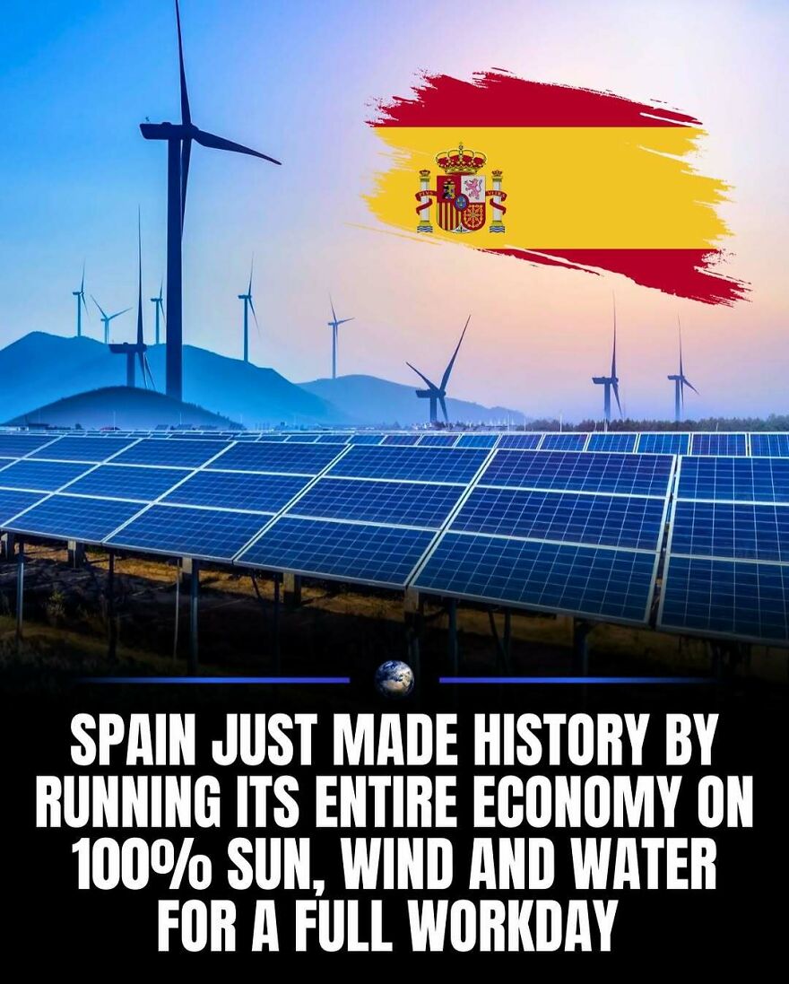 Image shows Spain's flag over solar panels and wind turbines. This post is about humanity and our planet.