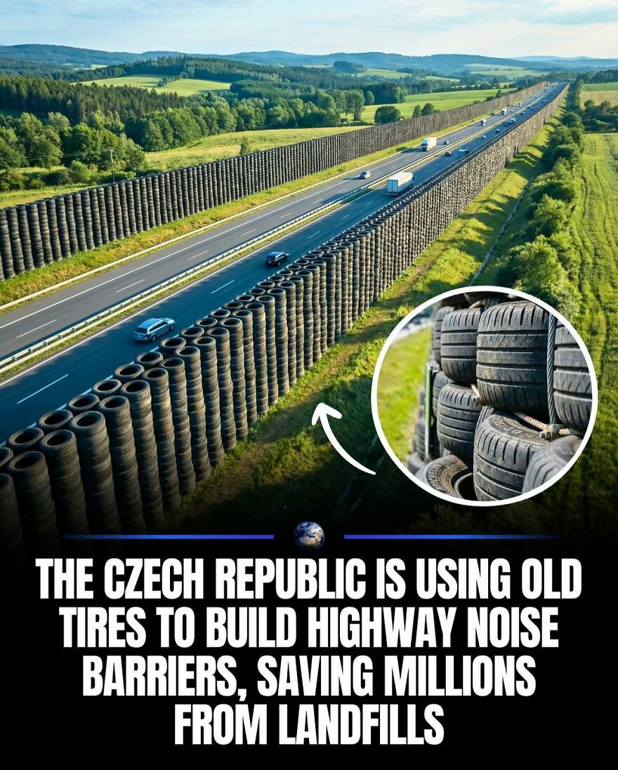 Image shows a highway with noise barriers made from old tires. This post is about humanity and our planet.