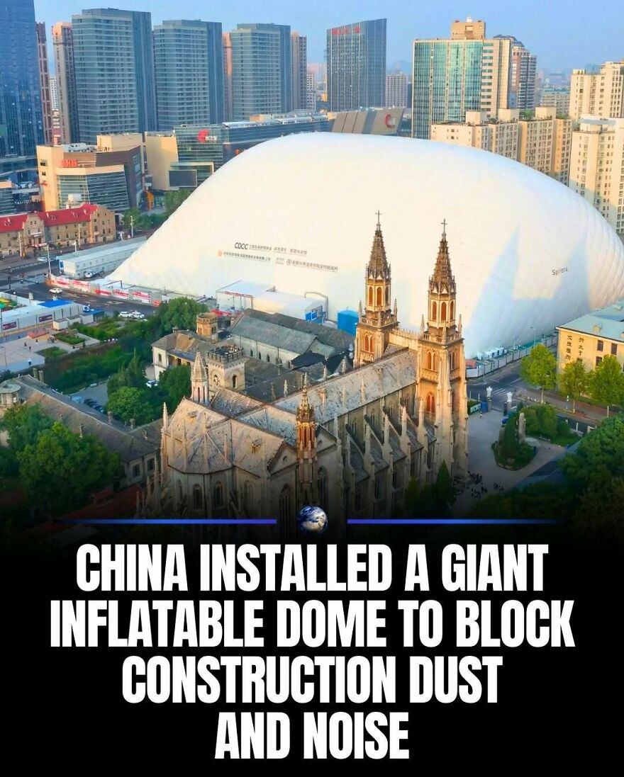 Image shows a large inflatable dome next to a church in a city. This post is about humanity and our planet.
