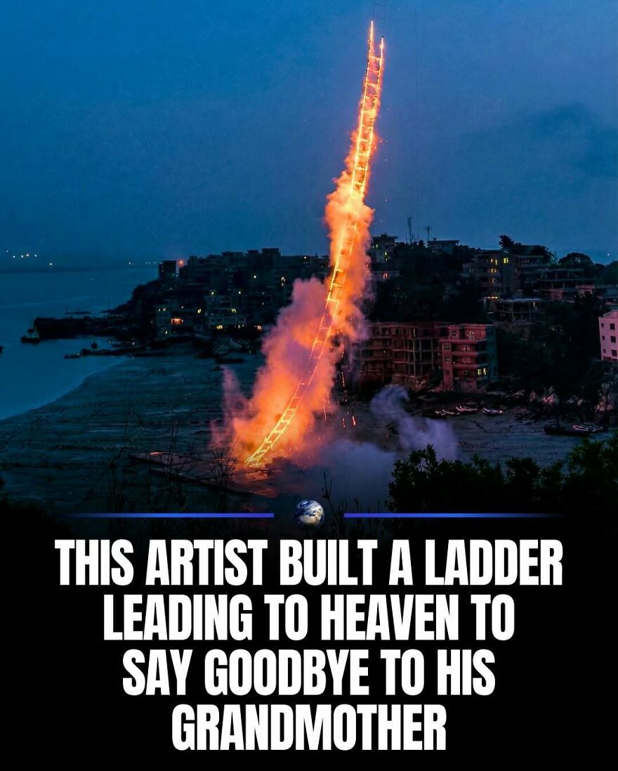 A fiery ladder-like art installation reaching into the night sky, representing humanity's artistic expression.