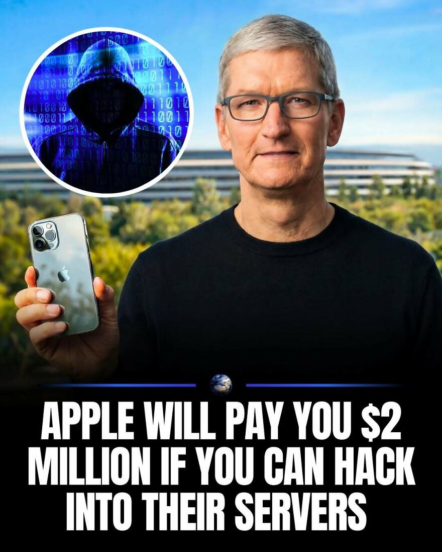 Tim Cook holding an iPhone, with a hacker in a bubble, showing humanity's challenges with technology.