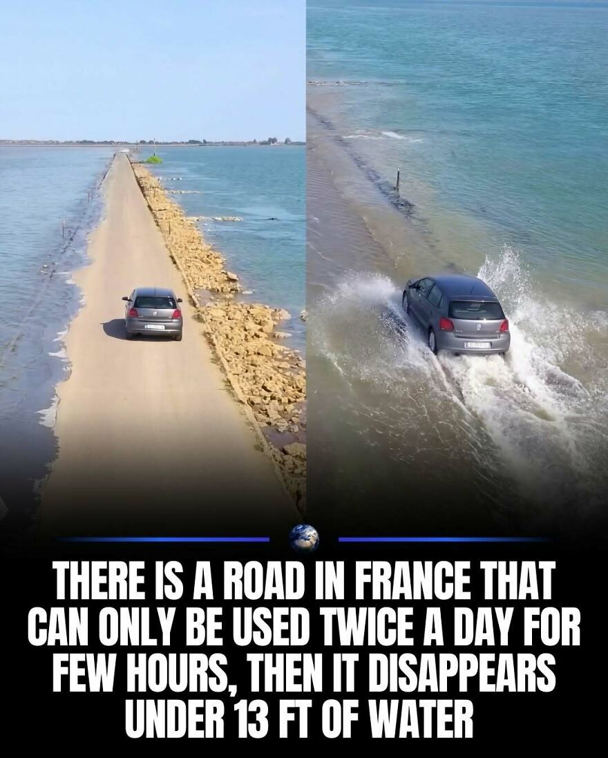 A split image showing a road in France that disappears under water, teaching about our planet and humanity.