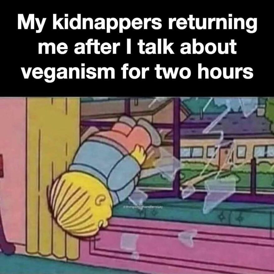 Cartoon of person being thrown out window with caption about kidnapper returning vegan after two hours