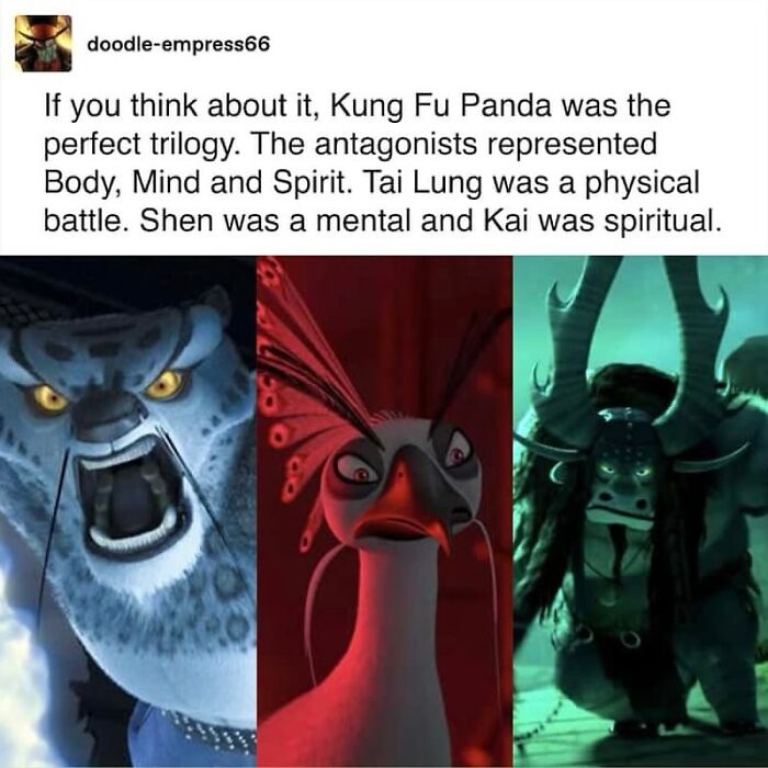 Kung Fu Panda trilogy villains representing body, mind, and spirit in animated movie analysis