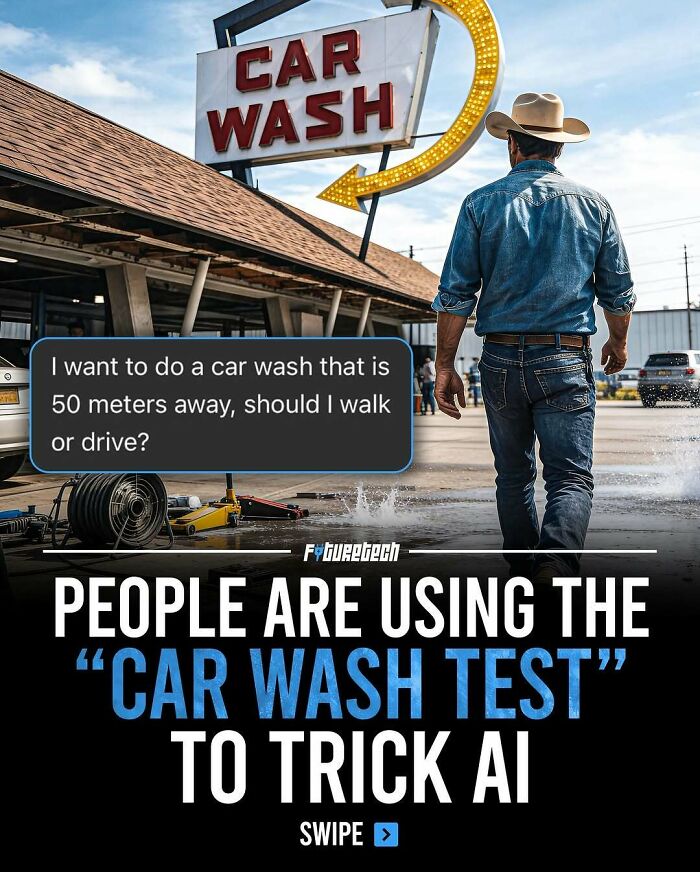 A man walking towards a car wash, illustrating the car wash test as a future technology concept to trick AI.