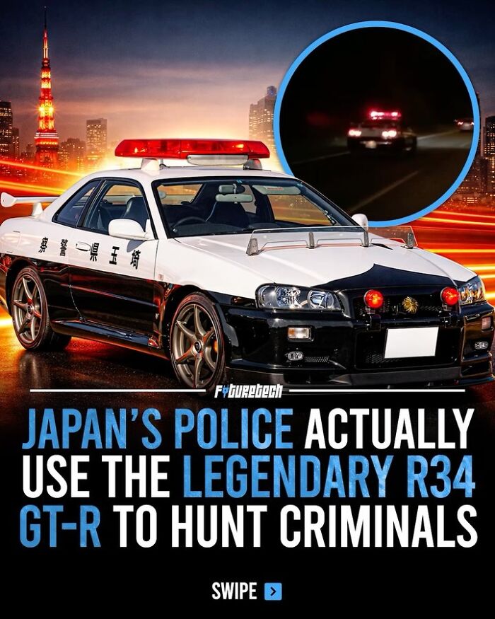 A futuristic image showcasing future technology: Japan's police using a legendary R34 GT-R to hunt criminals.