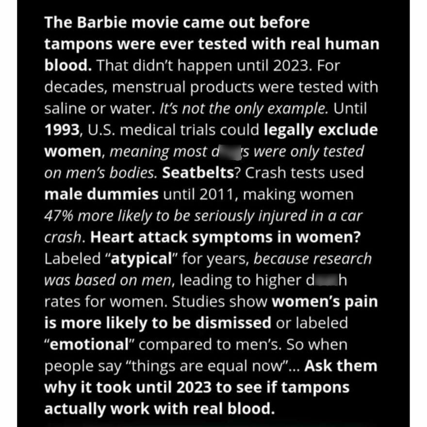 Feminist post highlighting gender bias in medical testing and tampon research with real blood