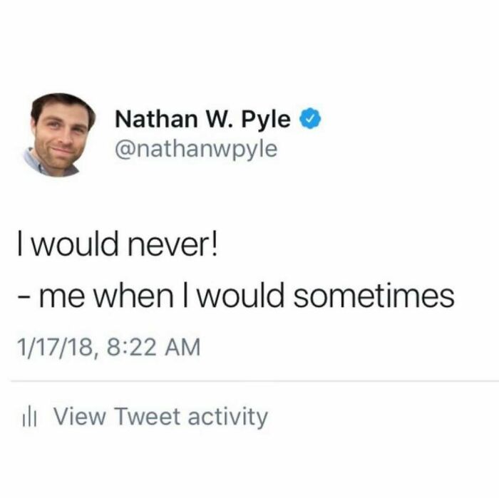 Funny post satirizing corporate life, a relatable meme about denying doing something one sometimes does.