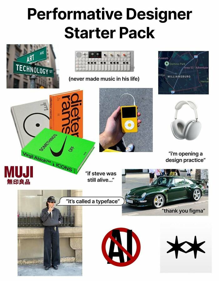 Performative Designer Starter Pack collage with items like art books, music tech, and a luxury car for design humor.