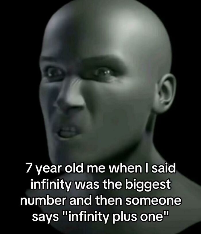 Childhood memory meme about misunderstandings of infinity with intense face