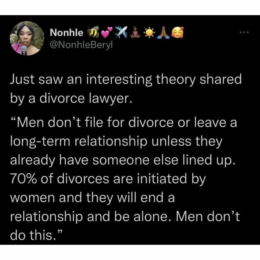 Tweet shares divorce lawyer theory on men and women initiating divorces.