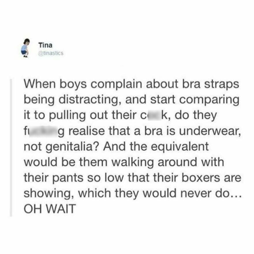 Feminist tweet comparing boys complaining about bra straps to men showing boxers