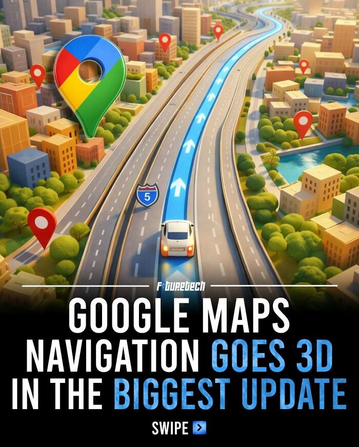 Google Maps navigation in 3D, showing a road with arrows and location pins, depicting future technology.