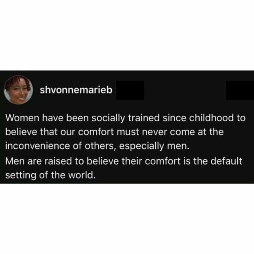 Tweet about women's social training on comfort versus men's comfort as default in feminist posts