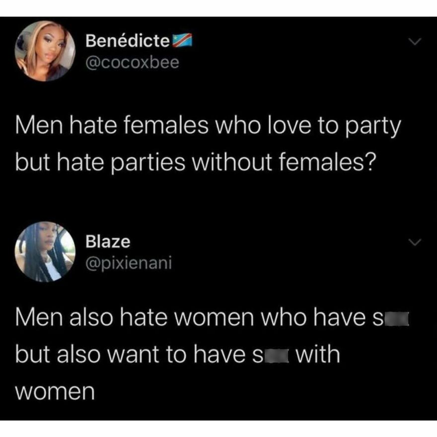 Twitter post discussing men's contradictory feelings about females and parties in feminist posts