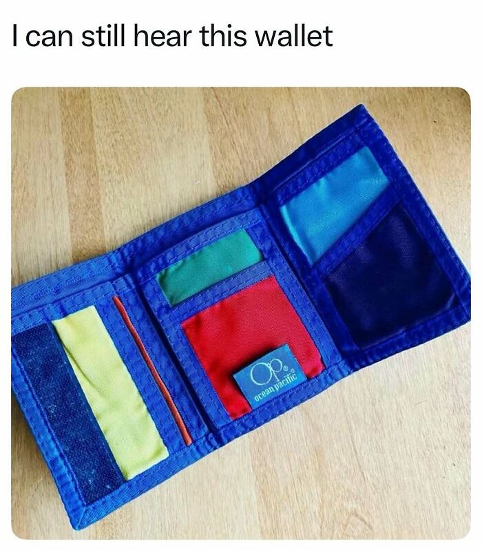 Colorful Ocean Pacific tri-fold wallet from the 90s evoking childhood memories and sounds