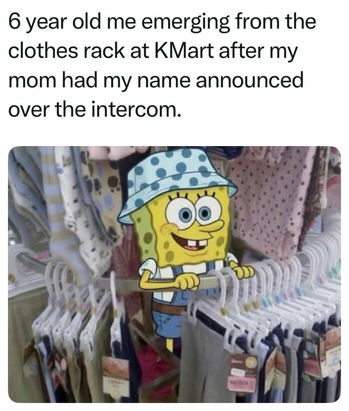 childhood memory of hiding in clothes rack at KMart cartoon style