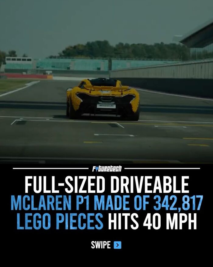 A full-sized, driveable McLaren P1 made of LEGO pieces on a track. This future technology innovation is truly stunning.