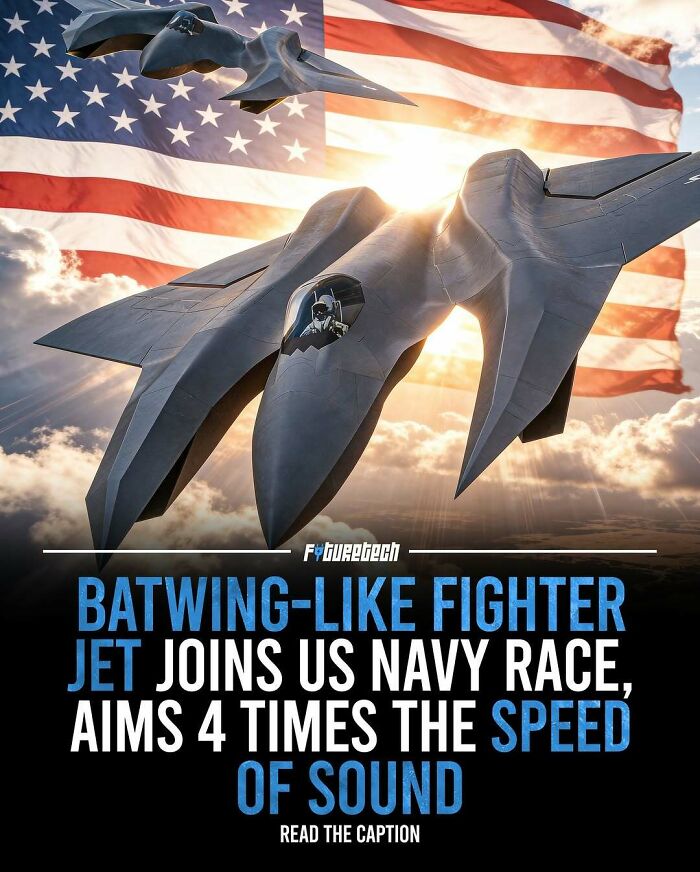 An image displaying future technology: Batwing-like fighter jets against an American flag, aiming for 4 times the speed of sound.