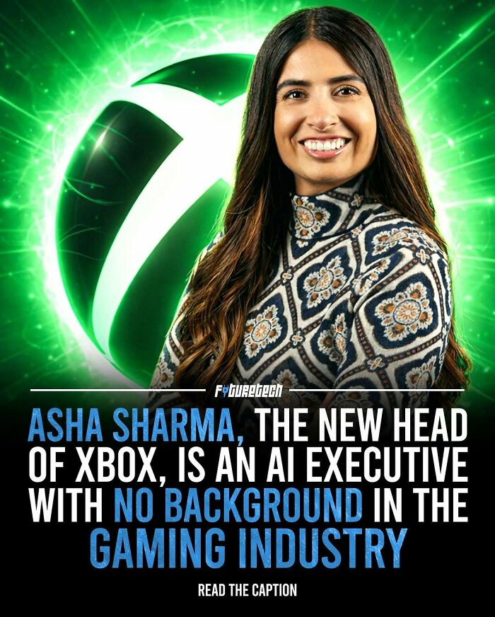 Asha Sharma, an AI executive, smiling in front of an Xbox logo, representing future technology and leadership.