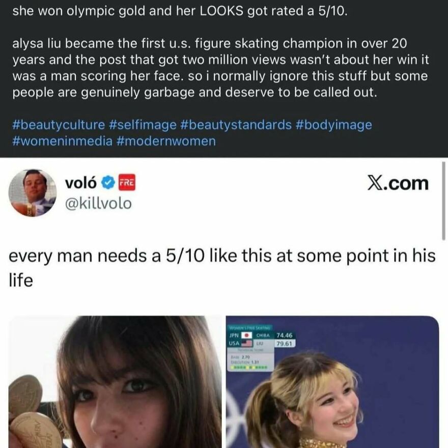 Feminist post criticizing rating of Olympic gold winner's looks over achievement