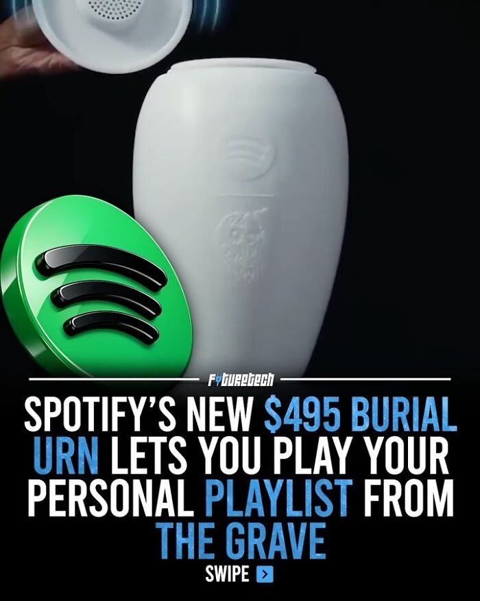 A modern urn with a Spotify logo, representing future technology that plays personal playlists from the grave.
