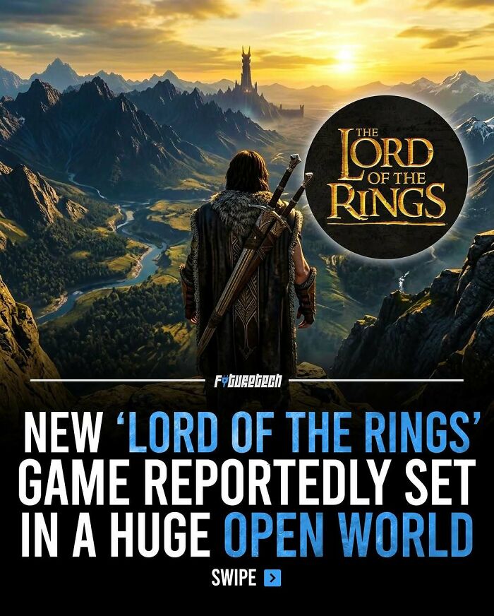 Lord of the Rings game world with a figure looking over a vast mountain landscape, representing future technology.