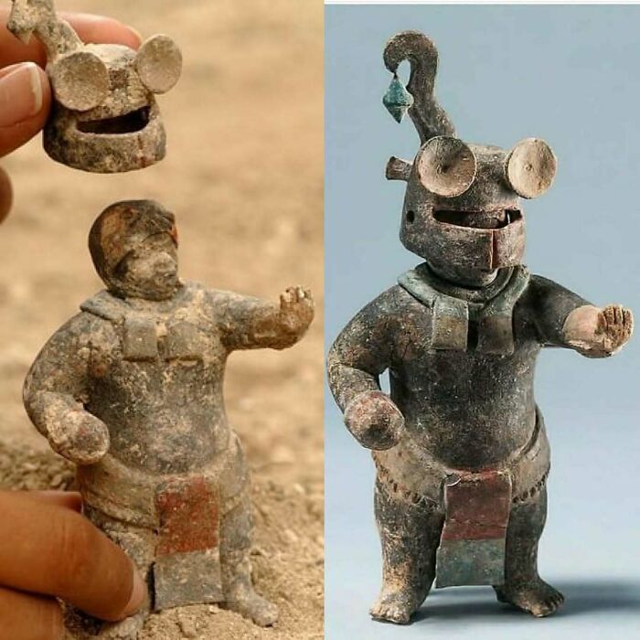 Historical ancient figurine with removable metal helmet artifact