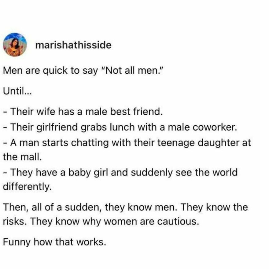 Feminist post highlighting caution women have around men in various social situations