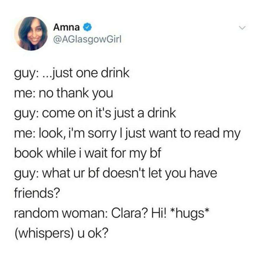 Feminist post about rejecting a drink and waiting for boyfriend with concern for safety