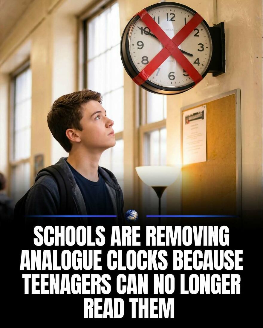 A young man looking at a wall clock with red tape, highlighting a new fact about humanity and our planet.